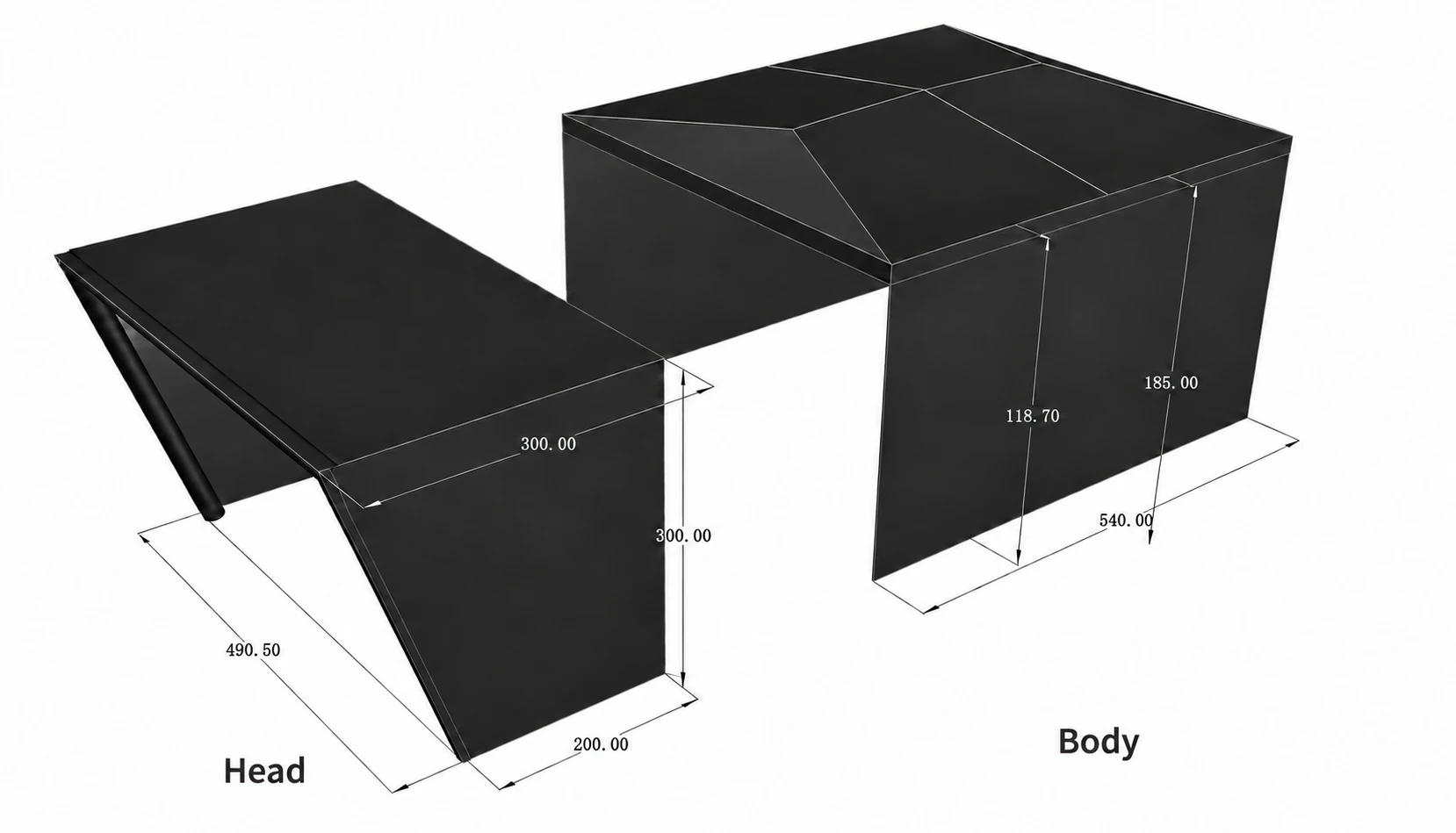 Dimension drawing in centimeters: front canopy 490.5 wide, 300 deep at the roof and 200 at the ground, 300 high; main unit 540 deep