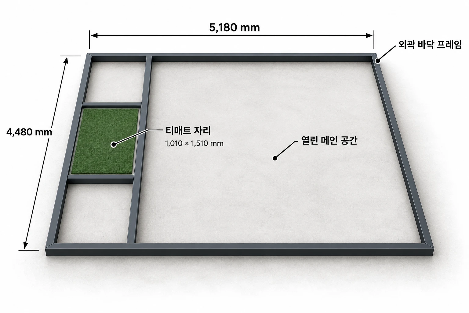 바닥 프레임 3D: 외곽 5,180 × 4,480mm, 앞쪽에 1,010 × 1,510mm 티매트 자리